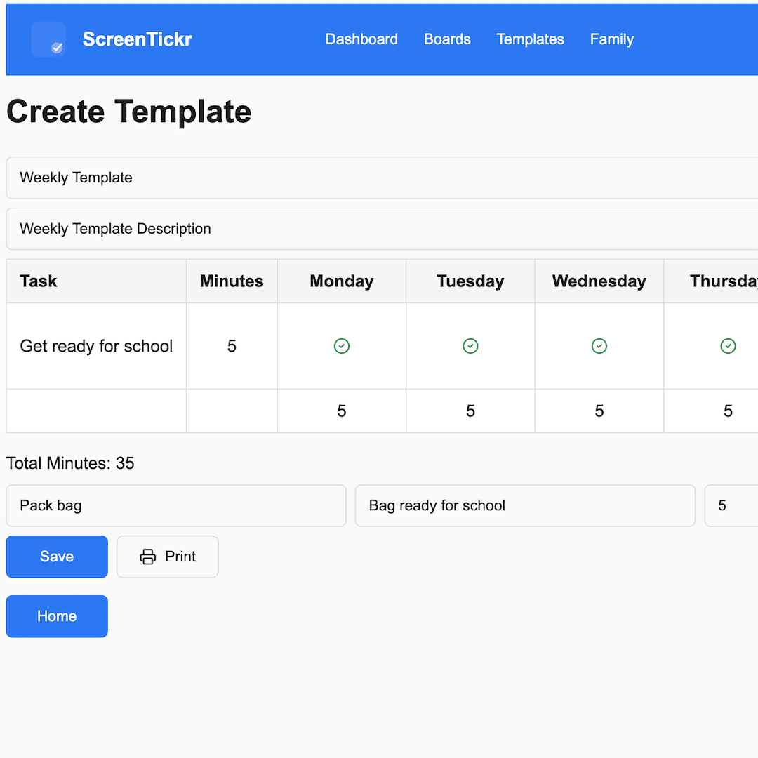 Creating a weekly ScreenTickr template with tasks and minute values