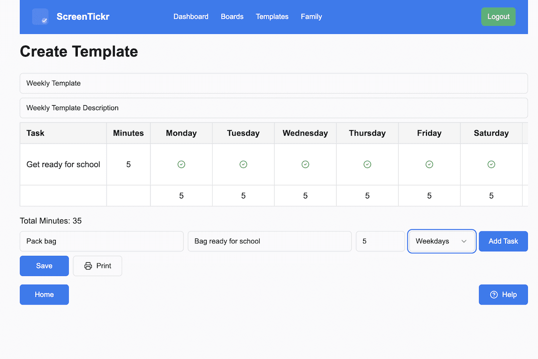 Creating a weekly ScreenTickr template with tasks and minute values