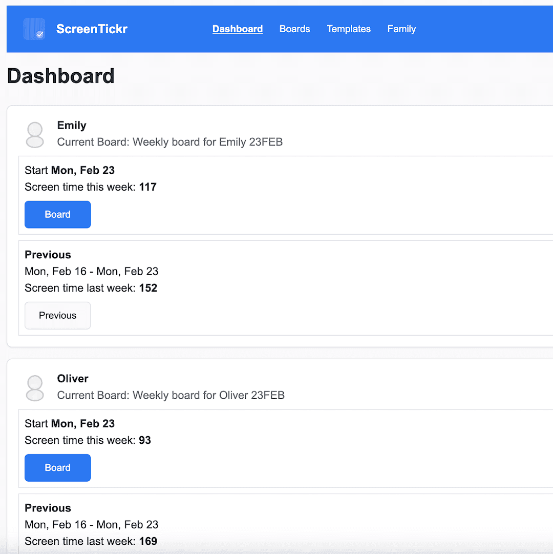The ScreenTickr dashboard showing each child's current week